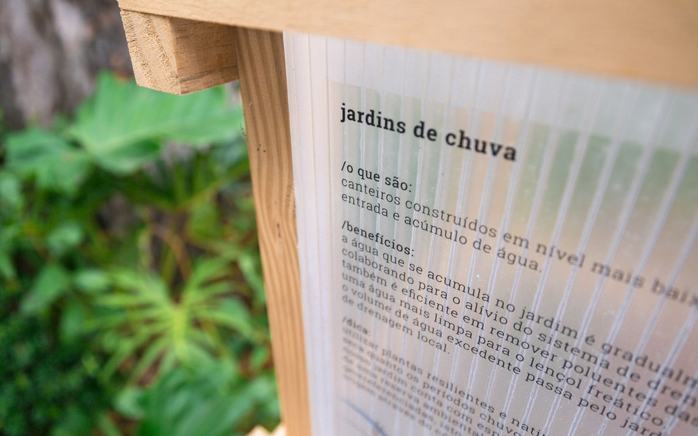 Detalhe do projeto da calçada da Casa Cor. Jardim de chuva ainda é técnica inovadora no Brasil (Foto: Marcelo Brandt/G1)