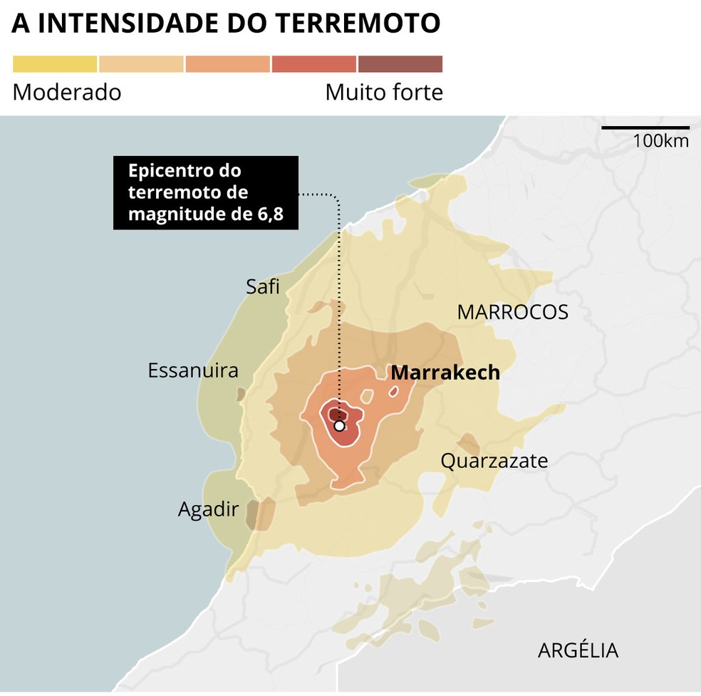 Mapa do terremoto de 6,8 no Marrocos — Foto: Arte O GLOBO