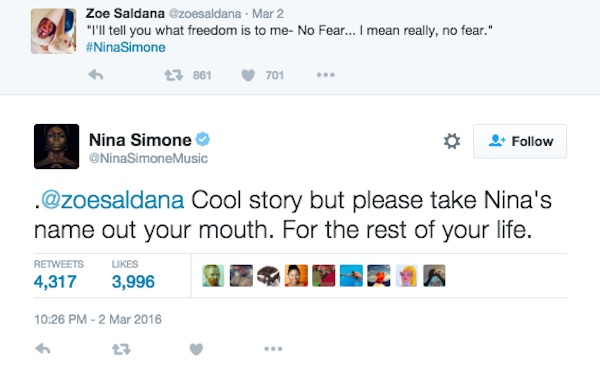 A mensagem dos familiares de Nina Simone para Zoe Saldana (Foto: Twitter)