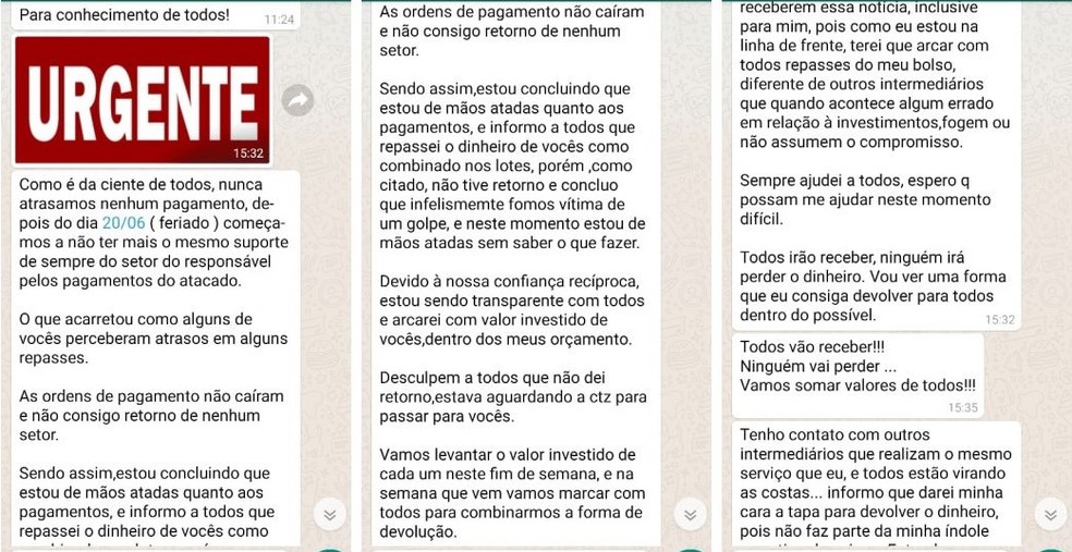 Em mensagens, suposta 'acionista' contou que tinha levado golpe da empresa onde aplicava os investimentos das vítimas — Foto: Reprodução