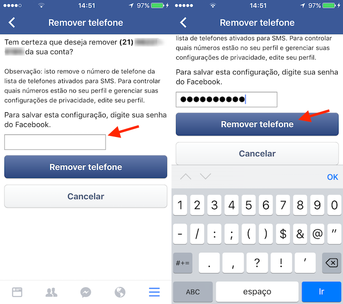 Procedimento para remover um número de telefone cadastrado no Facebook pelo celular (Foto: Reprodução/Marvin Costa)
