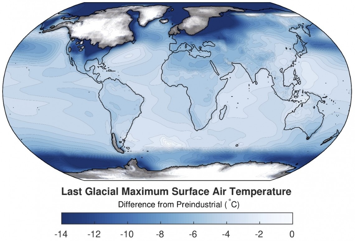 Este mapa global mostra as diferenças de temperatura em comparação com os tempos pré-industriais. Azul escuro se traduz em temperaturas mais baixas. As camadas de gelo do passado se sobrepõem aos continentes. (Foto: Jessica Tierney)