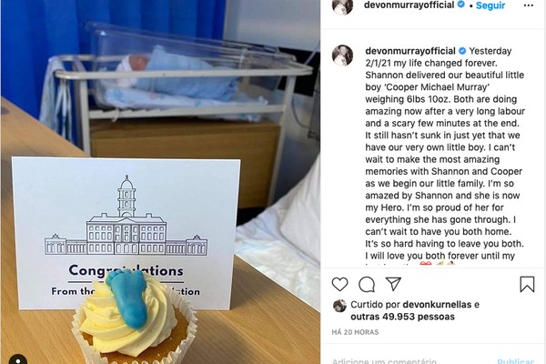 O post no qual Devon Murray anunciou o nascimento de seu filho (Foto: Instagram)