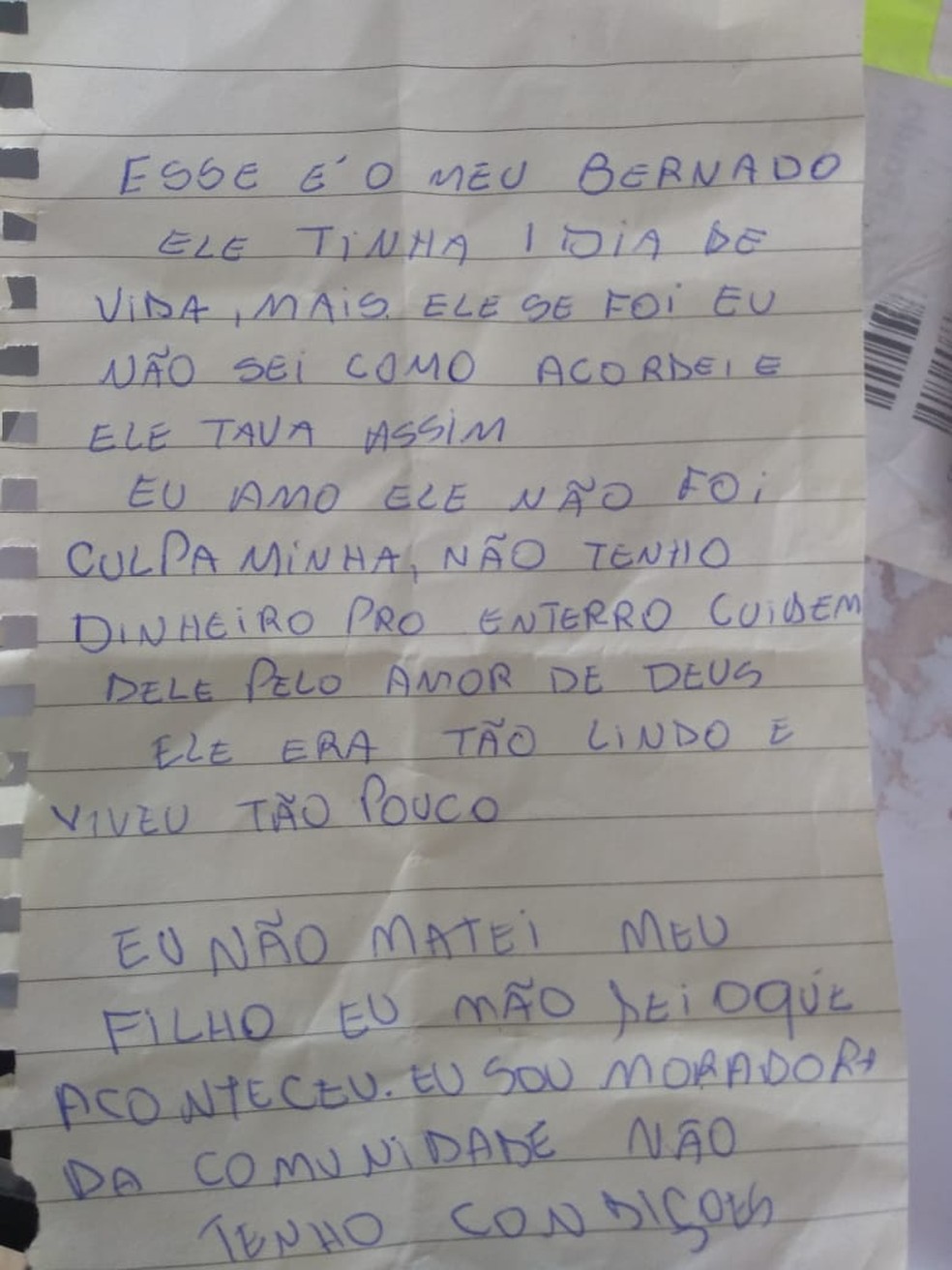 Junto do bebê achado morto em Ferraz havia carta supostamente escrita pela mãe — Foto: Polícia Civil/Divulgação