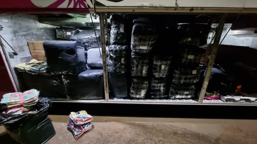 Produtos estavam em bagageiro de ônibus abordado em Ourinhos — Foto: PRF/Divulgação