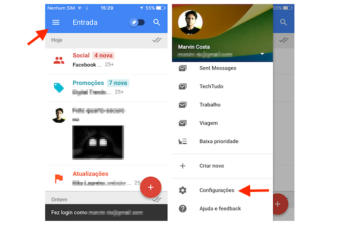 Acessando as configurações do Inbox for Gmail no iPhone (Foto: Reprodução/Marvin Costa)