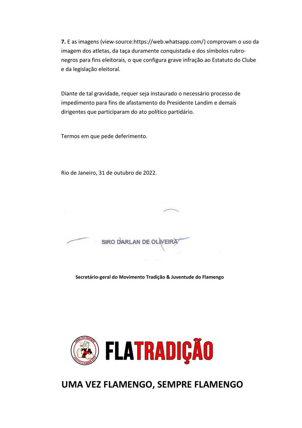 Confira ofício que pede impeachment de Rodolfo Landim — Foto: Reprodução