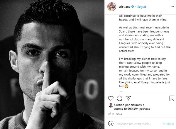 O post de Cristiano Ronaldo pedindo o fim das especulações em torno de seu futuro profissional (Foto: Instagram)
