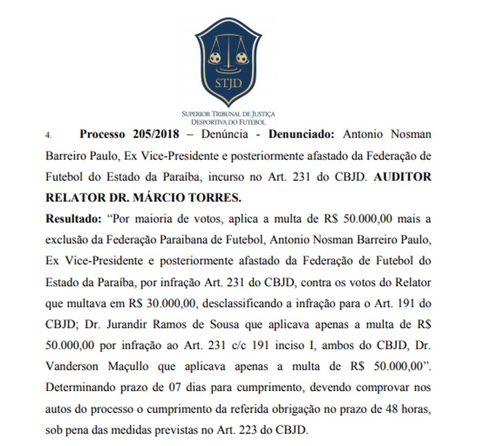 STJD determina nova punição a Nosman Barreiro  — Foto: Reprodução/ STJD