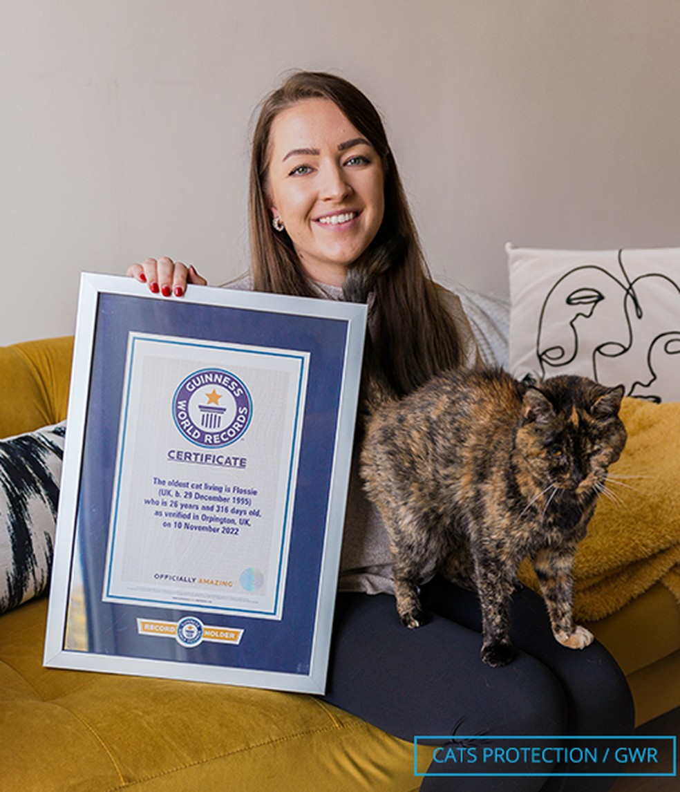 Vicki Green com a gatinha Flossie, a mais velha do mundo. — Foto: Guinness World Records