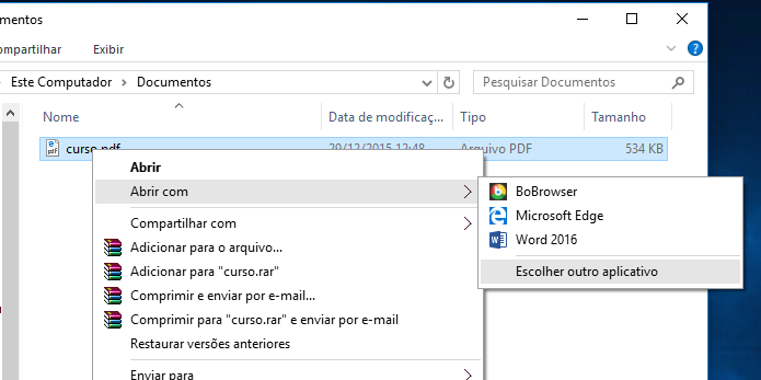 Acessando a opção Abrir com no Windows 10 (Foto: Reprodução/Edivaldo Brito)