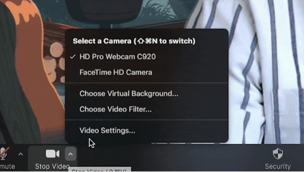 Para selecionar filtros no zoom, é preciso ir na opção "Choose Video Filter". — Foto: Reprodução /Zoom