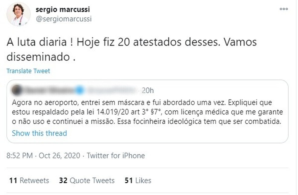 CRM decide apurar caso de médico de BH que oferece atestados para que pessoas não usem máscara