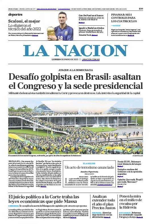 Jornal argentino 'La Nacion' destacou o golpismo no Brasil — Foto: Reprodução