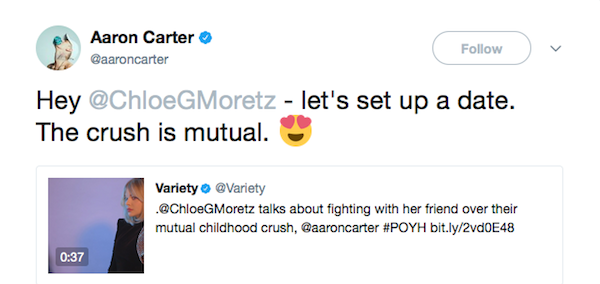 O outro convite feito pelo cantor Aaron Carter pedindo um encontro com a atriz Chloe Grace Moretz (Foto: Twitter)