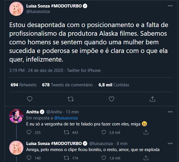 Luisa Sonza e Anitta rebatem críticas (Foto: Reprodução/Twitter)