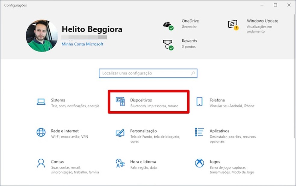Abra as configurações de dispositivos — Foto: Reprodução/Helito Beggiora
