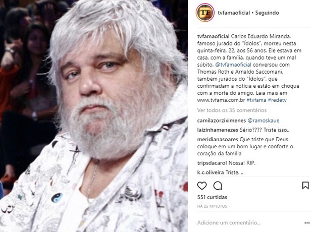 TV Fama confirma morte de Carlos Eduardo Miranda (Foto: Reprodução/Instagram)