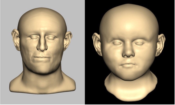 Com base nos restos mortais das vítimas, os cientistas reconstruíram o rosto de um adulto do sexo masculino (esquerda) e de uma criança (direita) (Foto: Caroline Wilkinson/ Liverpool/John Moores University)