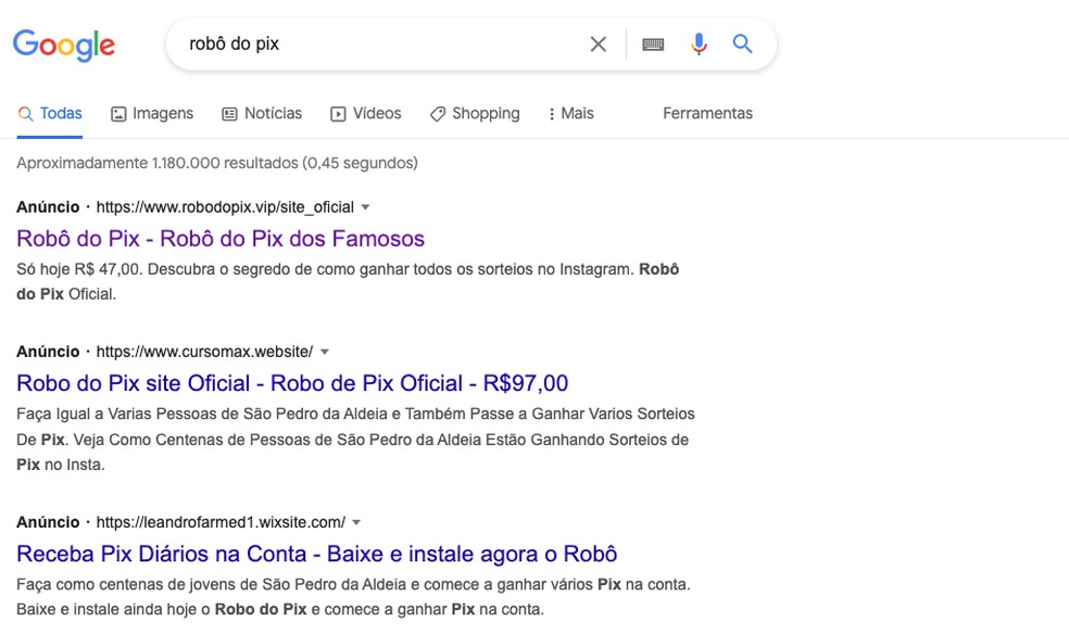Links patrocinados do "Robô do Pix" aparecem no topo dos resultados de pesquisa do Google — Foto: Reprodução/Ana Letícia Loubak