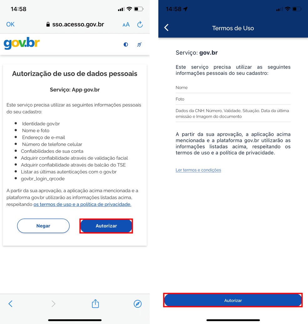 É preciso autorizar o acesso a informações pessoais no aplicativo para chegar na conta prata do Gov.br — Foto: Reprodução/Rodrigo Fernandes
