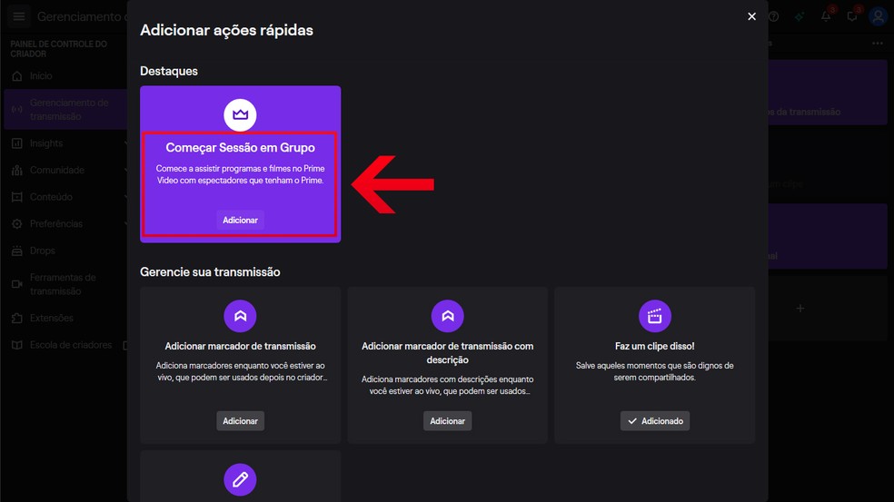 Clique em "Adicionar" na opção "Sessão em Grupo" na Twitch TV — Foto: Reprodução/Leandro Eduardo