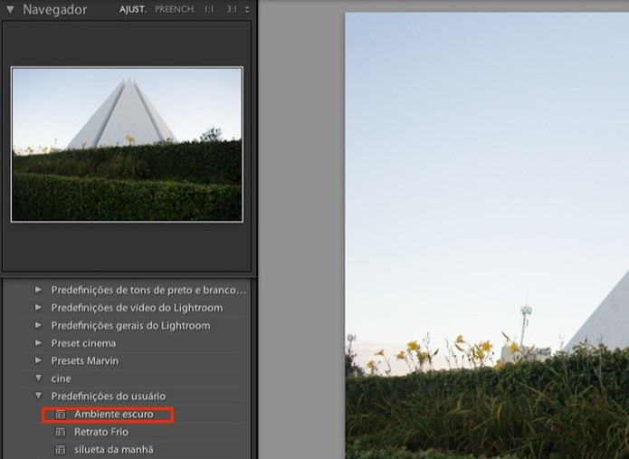 Local onde ficam organizadas todas as predefinições criadas pelo usuário do Lightroom (Foto: Reprodução/Marvin Costa)