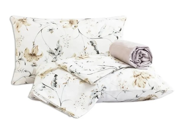 Com floral delicado, o jogo de lençol Atenas, possui quatro peças para cama box de casal (Foto: Reprodução / Shoptime)