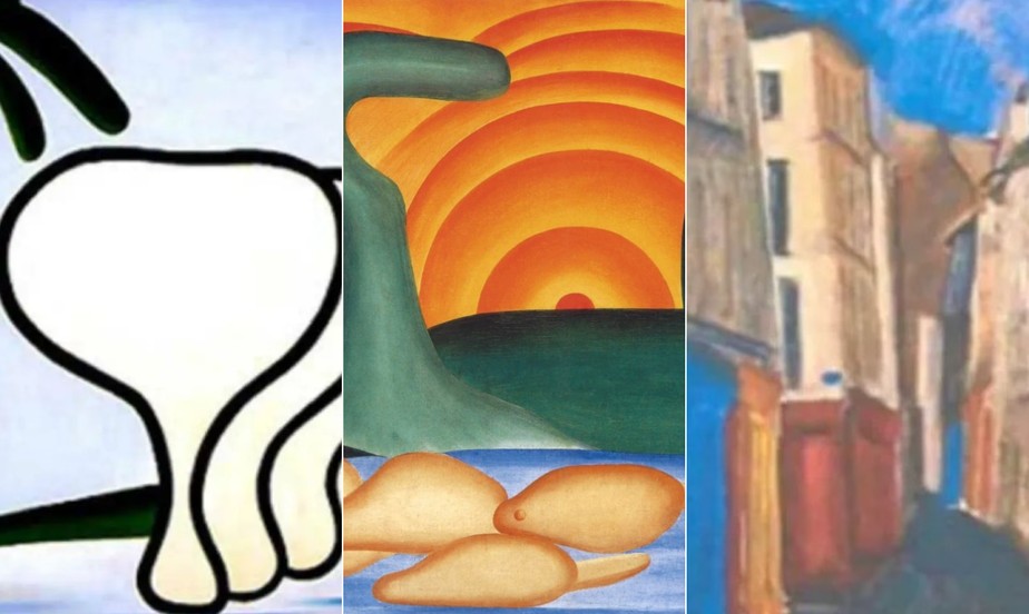 Da esquerda para a direita, parte das obras 'O sono ' e 'Sol poente', de Tarsila do Amaral, e 'Rue des rosiers', de Emeric Marcier