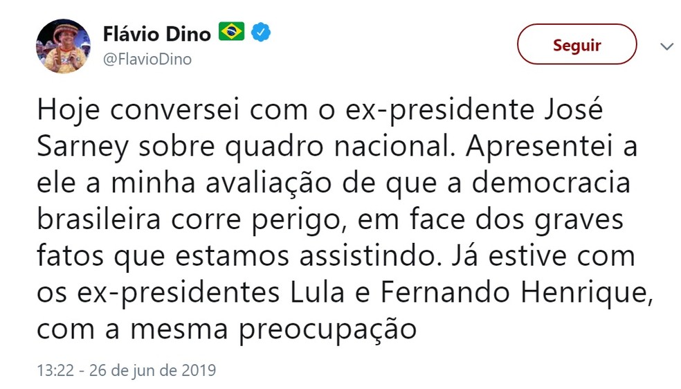 Flávio Dino diz estar preocupado com a democracia brasileira e anuncia encontro com José Sarney sobre o assunto — Foto: Divulgação/Redes Sociais