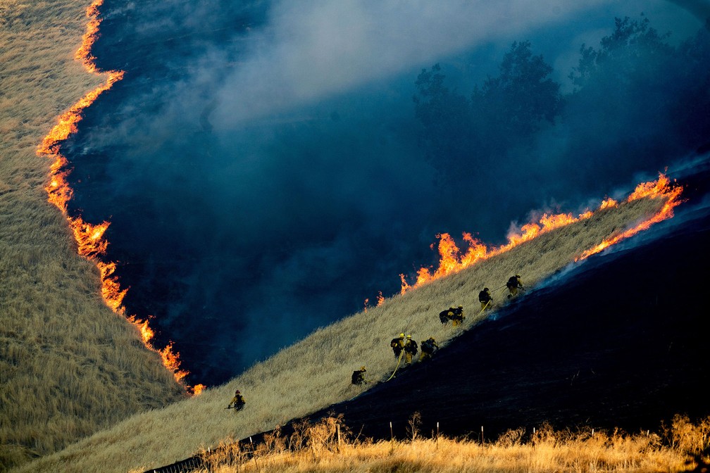 3 de agosto - Bombeiros enfrentam o incêndio florestal apelidado de 'Marsh' perto da cidade de Brentwood, na Califórnia (EUA) — Foto: Noah Berger/AP