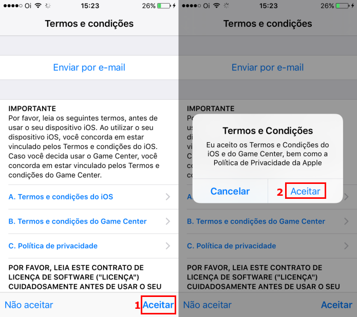 Aceitando os termos de uso do iOS 10 (Foto: Reprodução/Edivaldo Brito) (Foto: Aceitando os termos de uso do iOS 10 (Foto: Reprodução/Edivaldo Brito) )