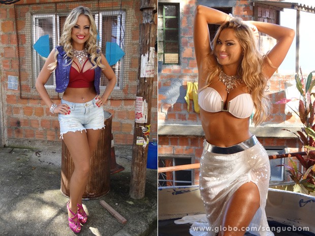 Mulher Mangaba mostra dois figurinos diferentes: um para o dia e outro para arrasar na festinha! (Foto: Sangue Bom/TV Globo)