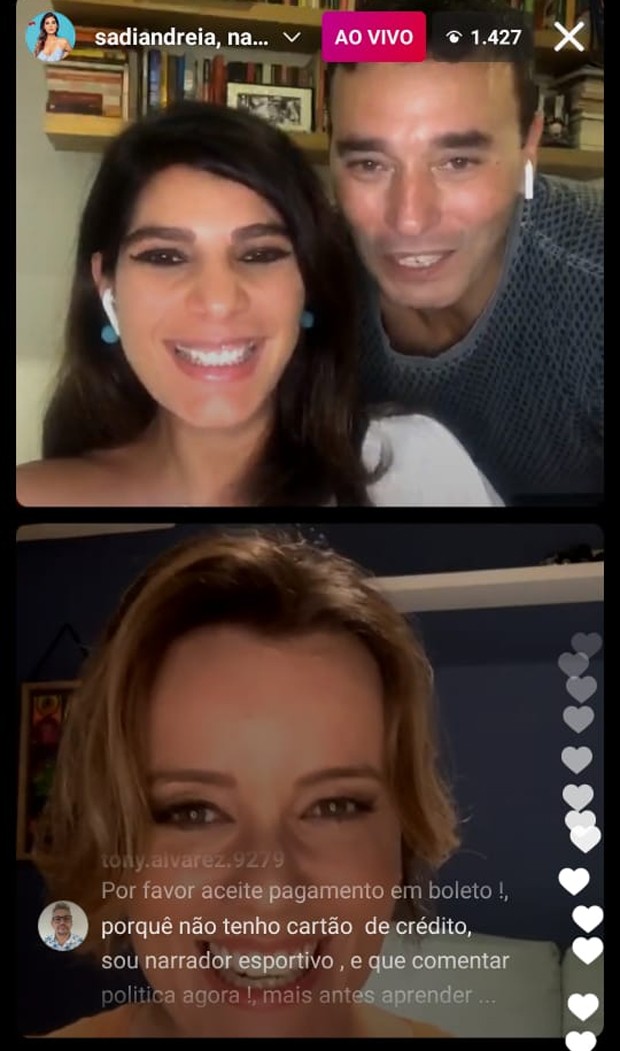 Andréia Sadi e André Rizek em live com Natuza Nery (Foto: Reprodução/Instagram)