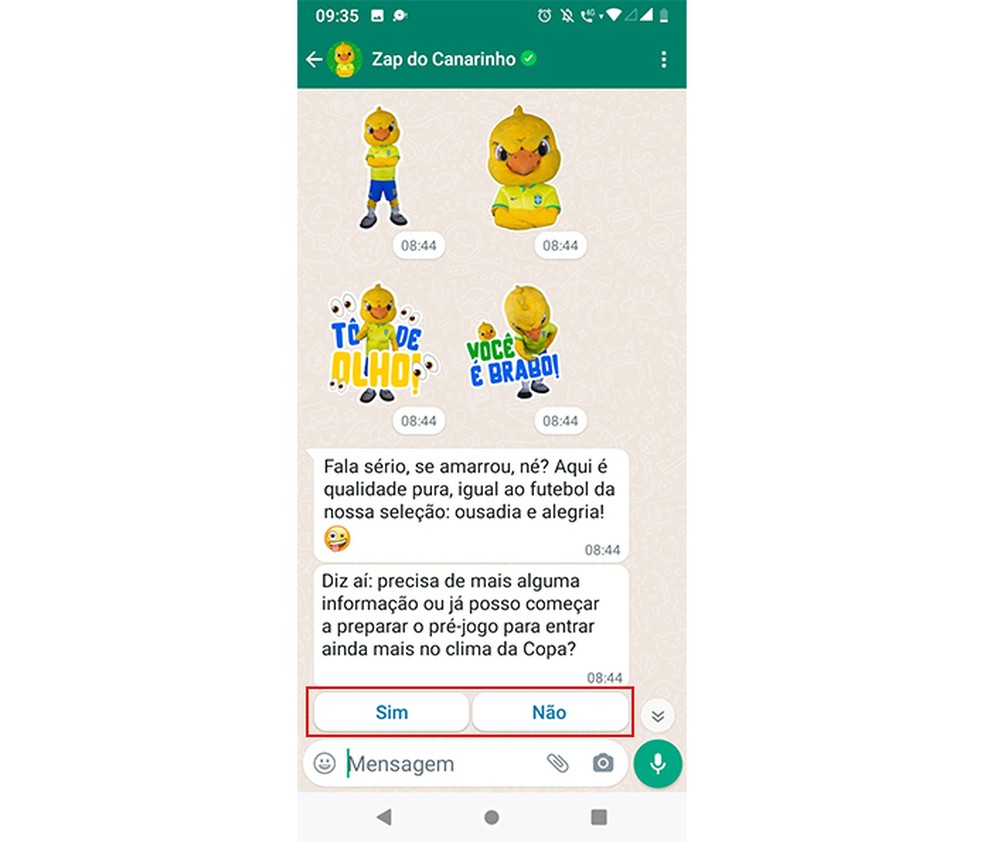 Selecione "Sim" caso queira receber mais informações sobre a Copa do Mundo ou "Não" se desejar encerrar a conversa com o Zap do Canarinho — Foto: Reprodução/Marcela Franco