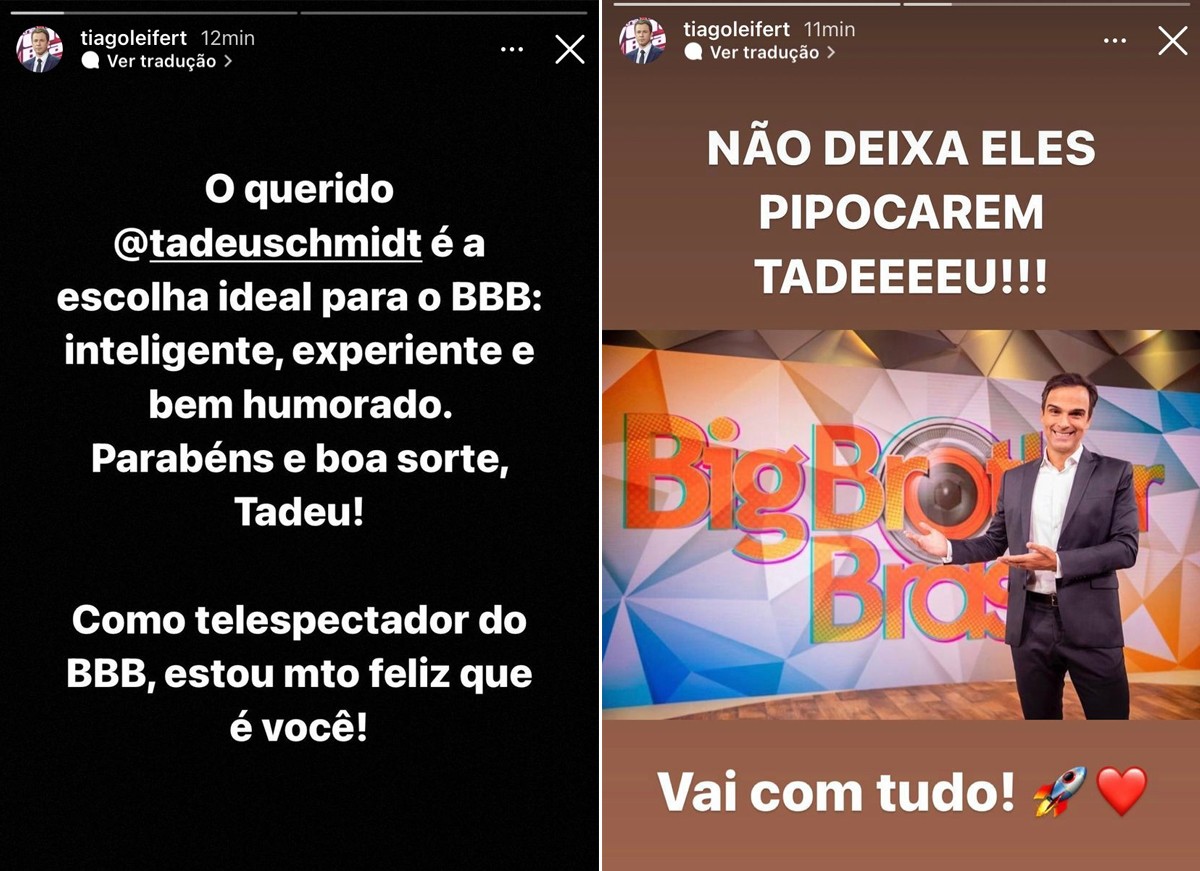 Tiago Leifert celebra escolha de Tadeu Schmidt para o comando do BBB22 (Foto: Reprodução / Instagram)
