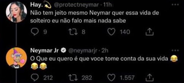 Neymar rebateu fã que disse que ele só queria vida de solteiro (Foto: Reprodução / Twitter)