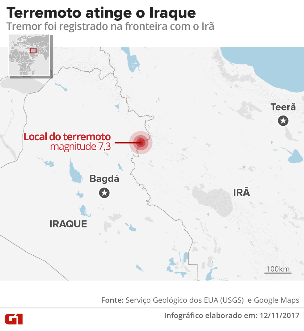Mapa mostra região do terremoto, na fronteira do Iraque com o Irã (Foto: Alexandre Mauro/G1)