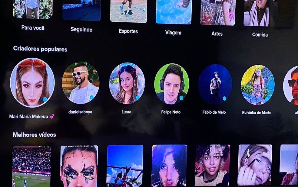 Página de recomendações tem vídeos, criadores e temas — Foto: Reprodução/Rodrigo Fernandes