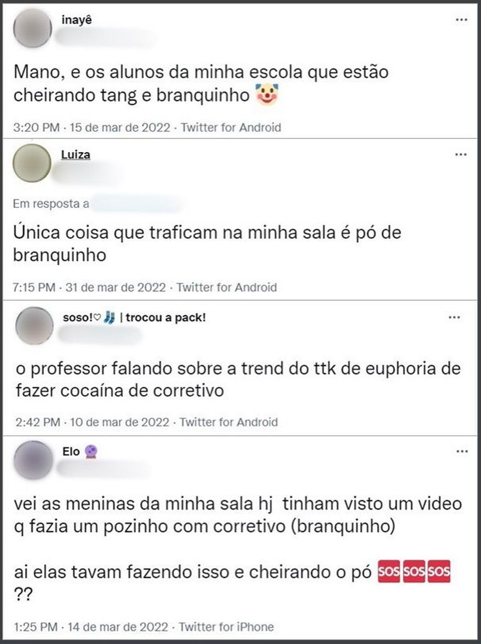 Relato de estudantes sobre o novo "trend" do líquido correto em pós nas escolas brasileiras. — Foto: Reprodução