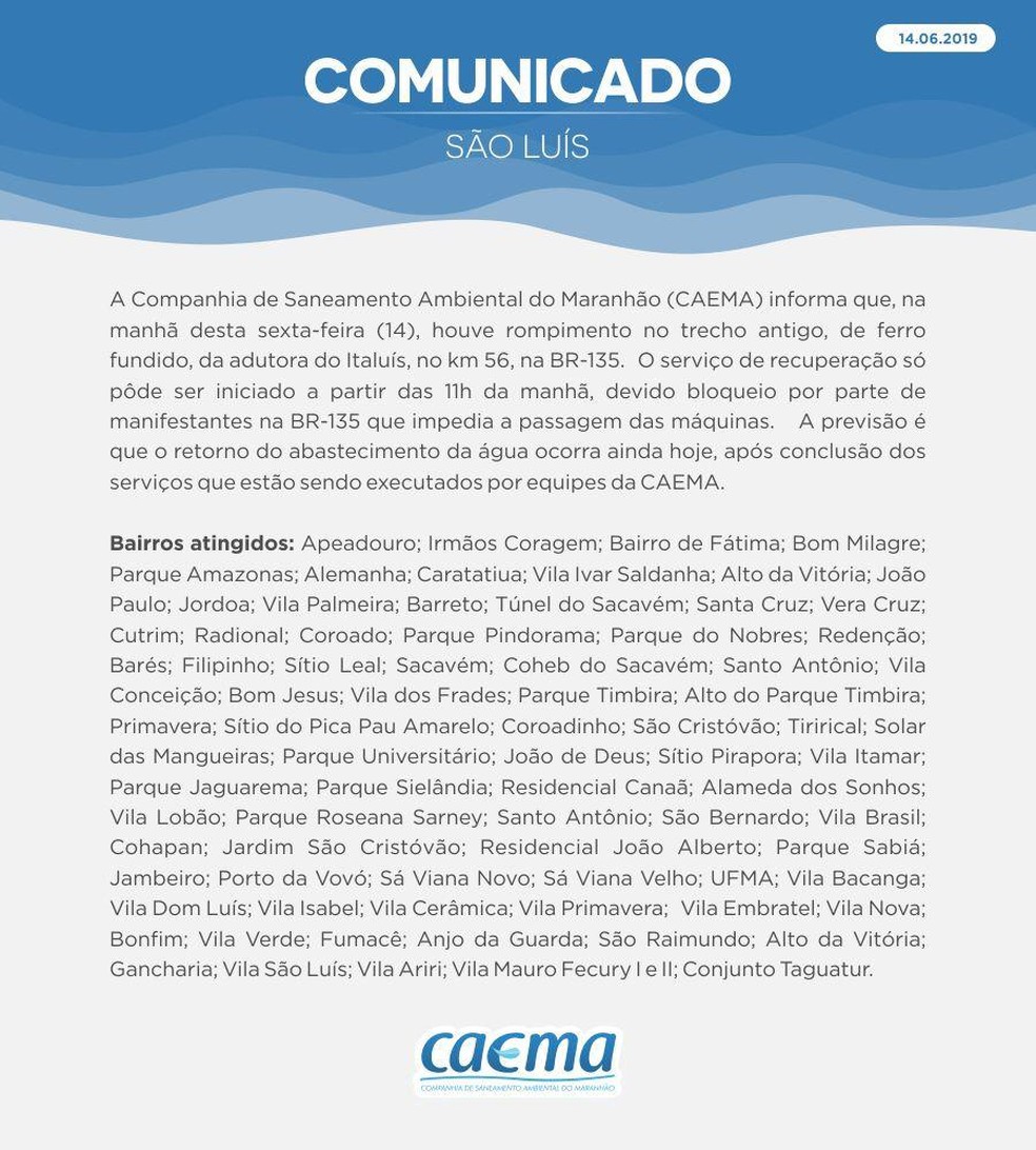 Nota da Caema lista bairros atingidos com a falta d'água — Foto: Divulgação / Caema