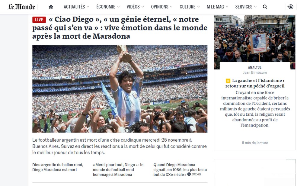Jornal francês Le Monde abriu noticiário em tempo real sobre morte de Maradona — Foto: Reprodução/Le Monde