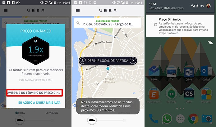Uber pode avisar usuário quando o preço dinâmico cair ou alertar que não houve alteração (Foto: Reprodução/Elson de Souza)