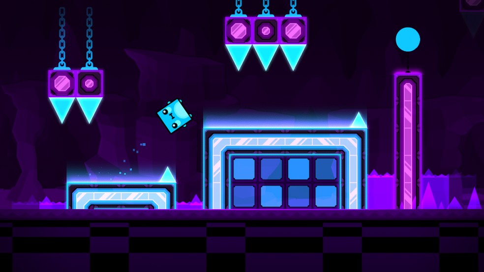 Em Geometry Dash World, você é um pequeno ser quadrado que salta através de passagens perigosas e obstáculos pontiagudos — Foto: Reprodução/Google Play Store