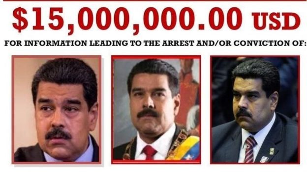 O Departamento de Estado dos EUA anunciou uma recompensa de US$ 15 milhões por informações que levem à prisão de Maduro. (Foto: Reprodução/ DEA)