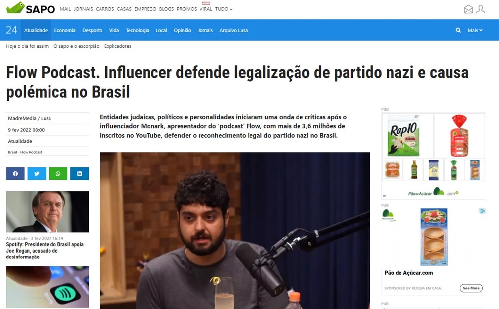 Site português Sapo repercute fala de Monark sobre nazismo — Foto: Reprodução