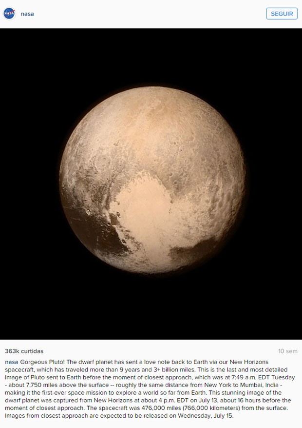 Foto da superfície de Plutão publicada por conta da Nasa no Instagram foi apontada pela rede social como uma das imagens emblemáticas de 2015. (Foto: Divulgação/Instagram)