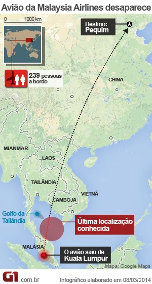 VALE ESTE - mapa avião desaparecido malásia - 11.03 (Foto: Arte/G1)