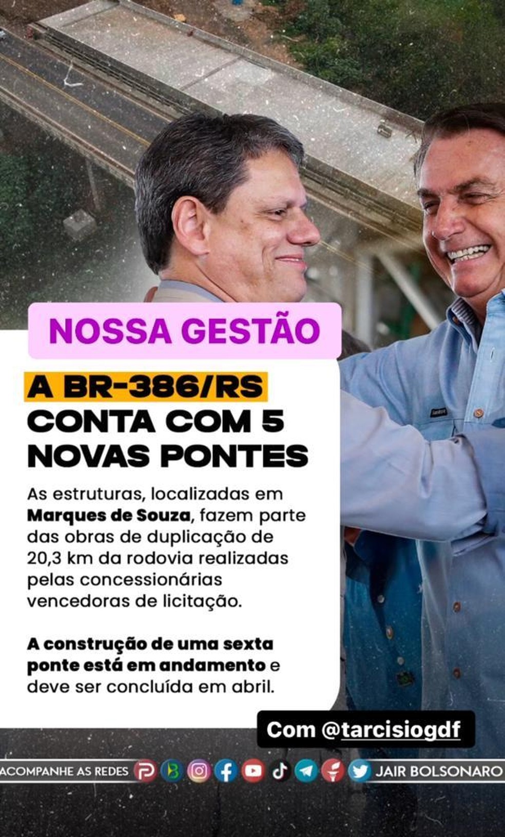 Bolsonaro posta feitos do seu governo e marca o governador Tarcísio de Freitas, ex-ministro — Foto: Reprodução/Instagram