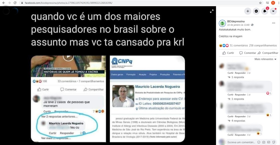 Página de humor compartilho resposta de virologista de Rio Preto  — Foto: Reprodução/Facebook 